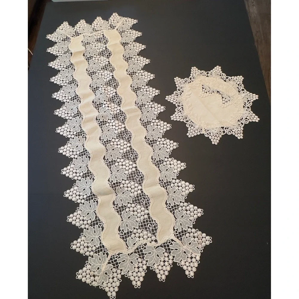 Vintage Beige Lace Table Runner and Doily Set Grape Vine Motif Scalloped Edge